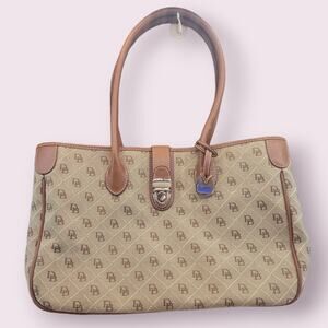 Dooney & Bourke DB Logo Tote Brown Tan Canvas Leather Large